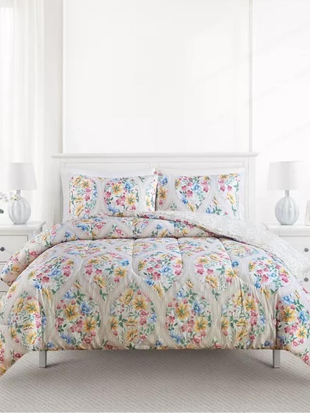 Floral Heart Comforter Set - White with Multicolor Floral Print